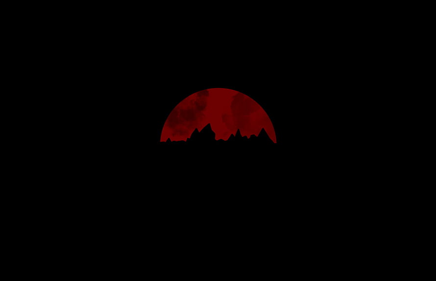 Minimalist Red Moon Rising Over Jagged Mountain Silhouette Against Black Sky HD wallpaper
