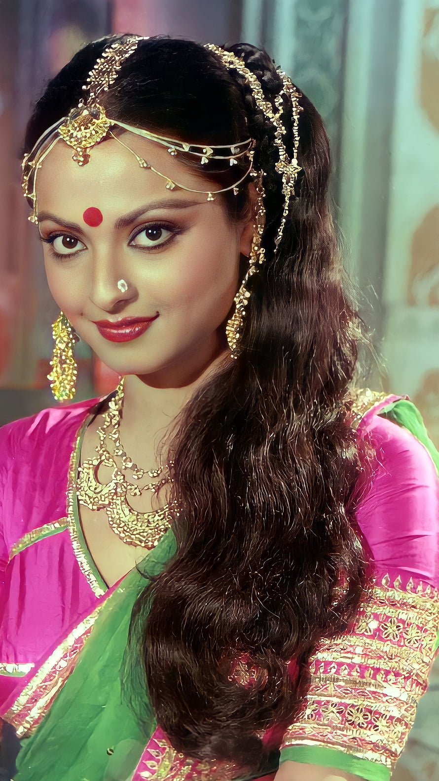Rekha in Traditional Indian Attire with Gold Jewelry and Vibrant Saree HD phone wallpaper