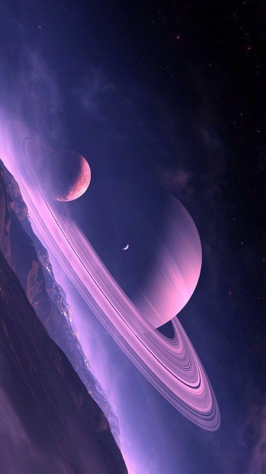 Purple Aesthetic Space Scene Featuring Ringed Planet and Distant Moons HD phone wallpaper