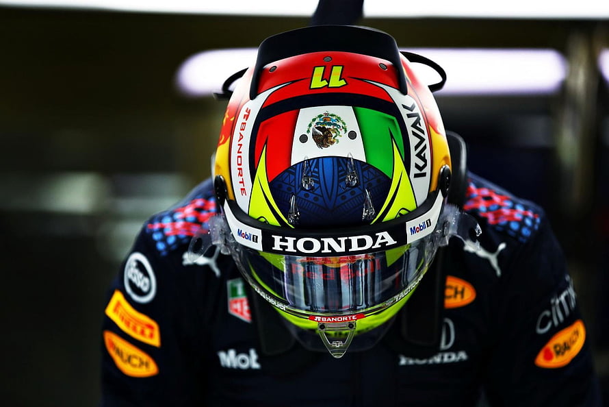 Sergio Perez Red Bull Racing Helmet Close-Up with Honda and Mexican Flag Design HD wallpaper