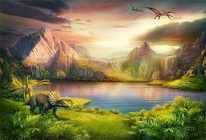 Prehistoric Jurassic Landscape with Triceratops and Pterosaurs at Sunset Lake HD wallpaper