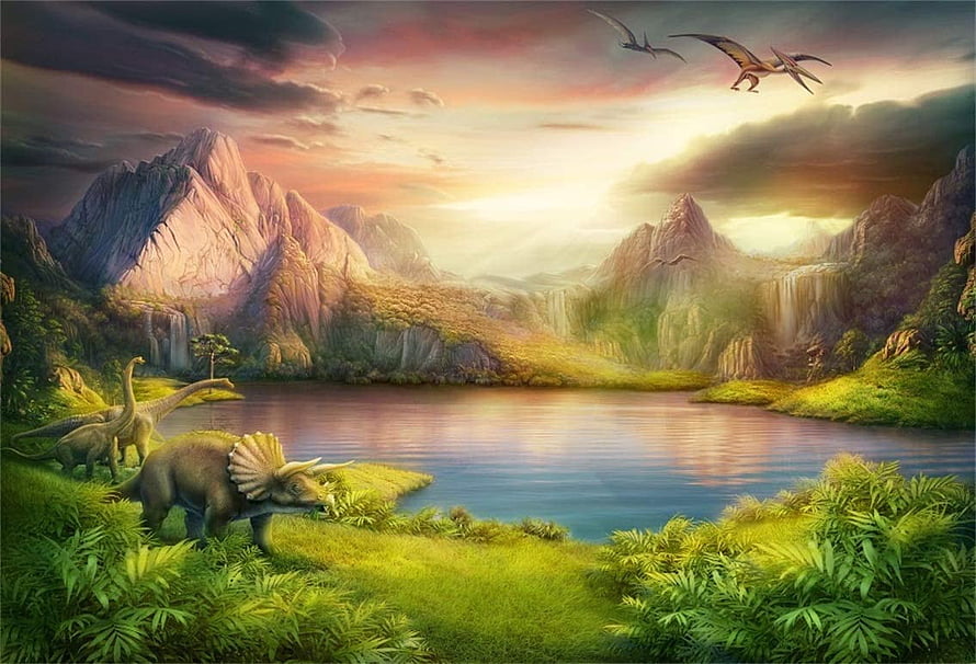 Prehistoric Jurassic Landscape with Triceratops and Pterosaurs at Sunset Lake HD wallpaper