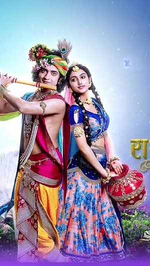 Radha Krishna in Traditional Indian Attire with Flute and Water Pot HD phone wallpaper