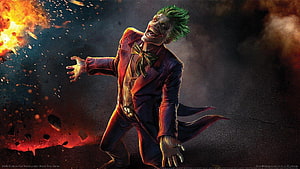 Joker in Purple Suit with Green Hair Amidst Fire and Debris HD wallpaper