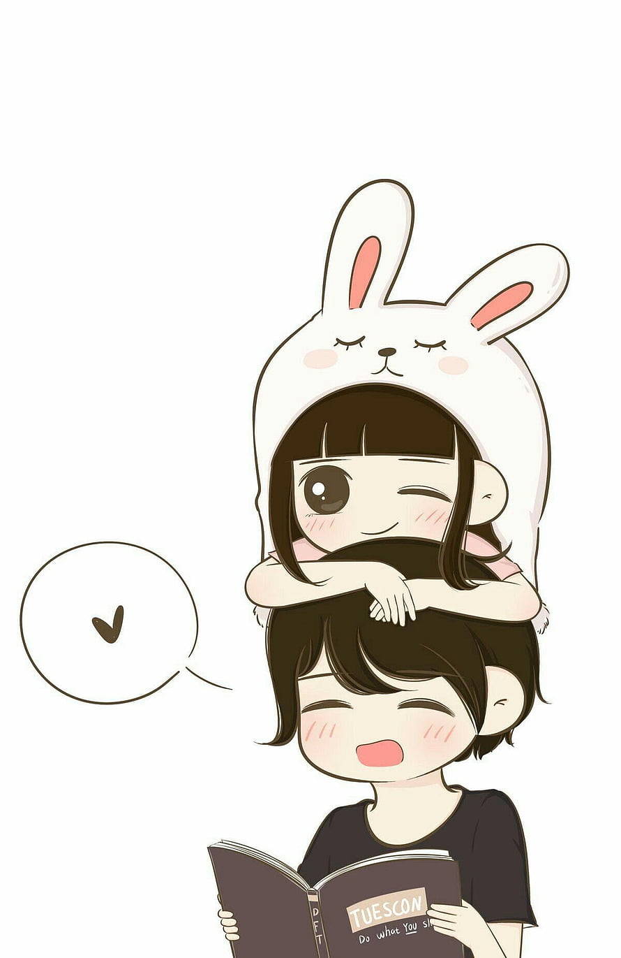 Cute Cartoon Couple with Bunny Hood and Book HD phone wallpaper