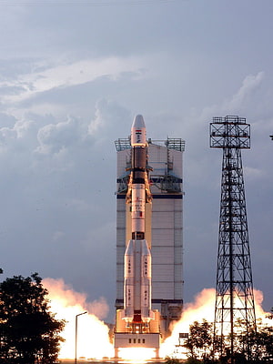 ISRO GSLV-F01 rocket launch with fiery exhaust plume at dawn HD phone wallpaper