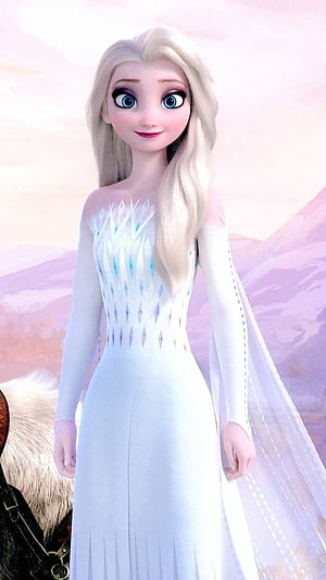 Elsa from Frozen in her iconic white ice gown with flowing blonde hair and snowy mountain backdrop HD phone wallpaper