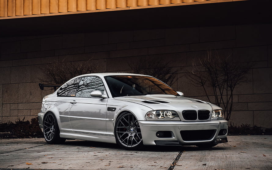 Silver BMW M3 E46 Coupe with Custom Widebody Kit and Multi-Spoke Wheels HD wallpaper