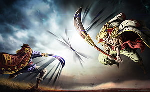 One Piece: Roger and Whitebeard Clash in Epic Sword Duel Under Stormy Skies HD wallpaper