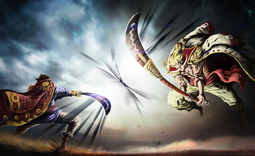 One Piece: Roger and Whitebeard Clash in Epic Sword Duel Under Stormy Skies HD wallpaper