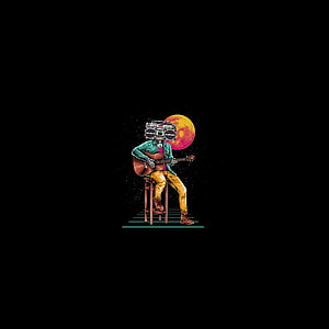 Surreal illustration of a musician with a boombox head playing acoustic guitar under a glowing moon HD phone wallpaper
