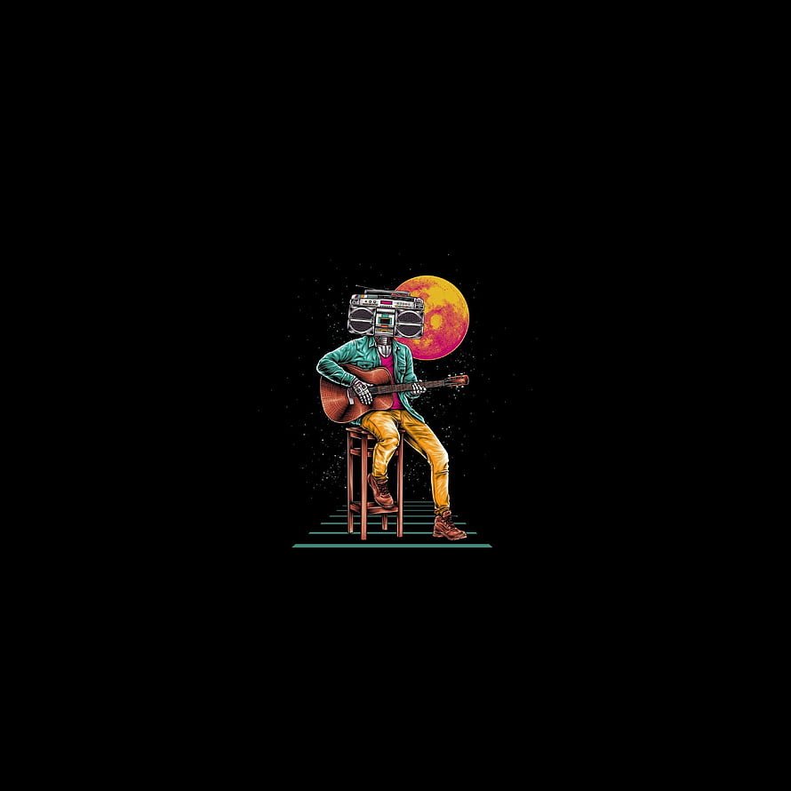 Surreal illustration of a musician with a boombox head playing acoustic guitar under a glowing moon HD phone wallpaper