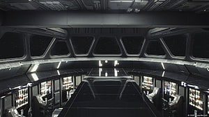 Death Star Bridge Interior with Starfield View and Control Panels HD wallpaper
