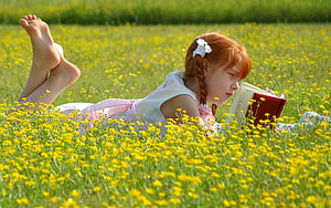 Young Girl Reading a Book in a Field of Yellow Wildflowers HD wallpaper