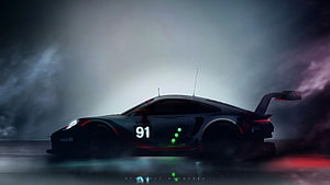 Porsche 911 RSR Race Car in Dramatic Fog with Neon Underglow HD wallpaper