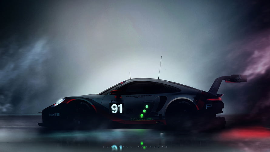 Porsche 911 RSR Race Car in Dramatic Fog with Neon Underglow HD wallpaper
