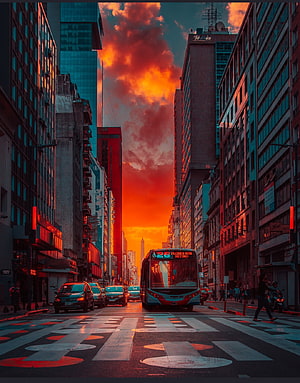 Buenos Aires City Street at Sunset with Dramatic Orange Sky and Urban Traffic HD phone wallpaper