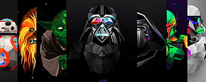 Low Poly Star Wars Character Lineup Featuring Darth Vader, Yoda, Chewbacca, and Boba Fett HD wallpaper