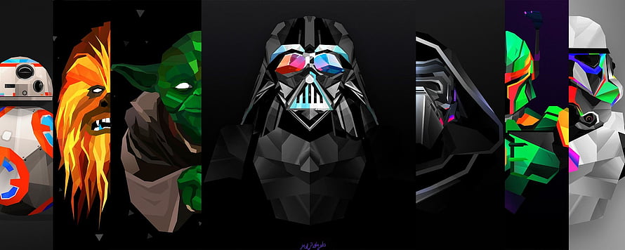 Low Poly Star Wars Character Lineup Featuring Darth Vader, Yoda, Chewbacca, and Boba Fett HD wallpaper