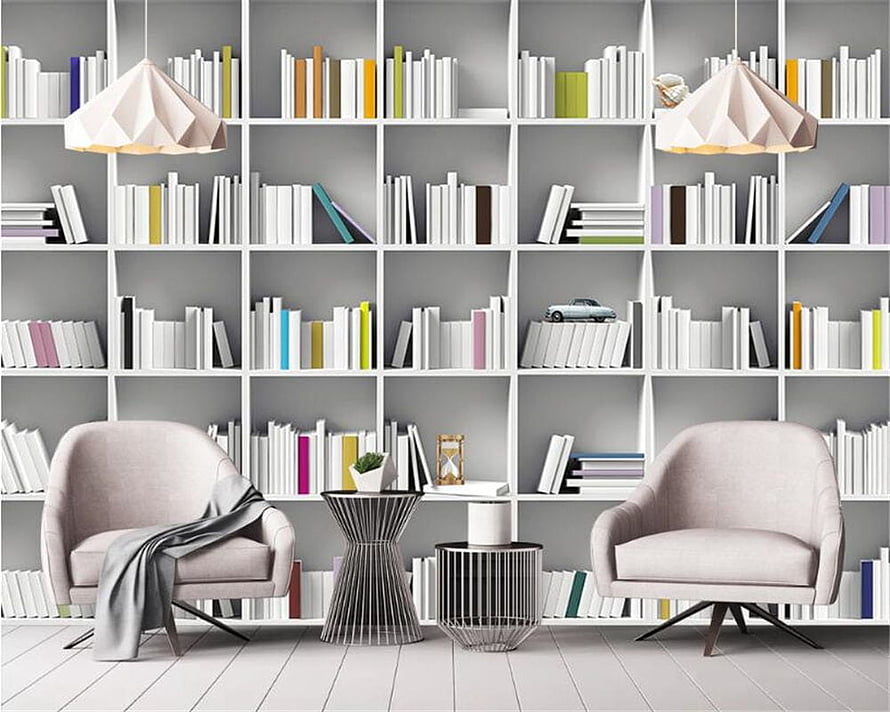 Modern Minimalist Library Interior With White Bookshelves And Armchairs HD wallpaper