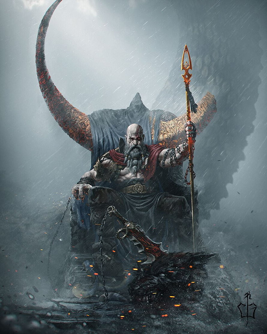 Kratos Seated on the Throne of Odin in God of War Ragnarok Fantasy Art HD phone wallpaper