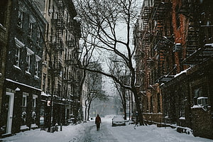 Snowy Urban Street Scene With Brick Row Houses And Fire Escapes HD wallpaper