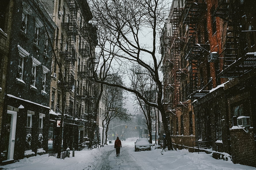 Snowy Urban Street Scene With Brick Row Houses And Fire Escapes HD wallpaper