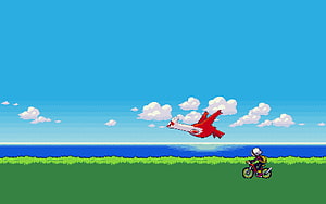 Pixel Art Pokemon Scene With Red Bird Flying Over Grassland and Rider on Motorcycle HD wallpaper