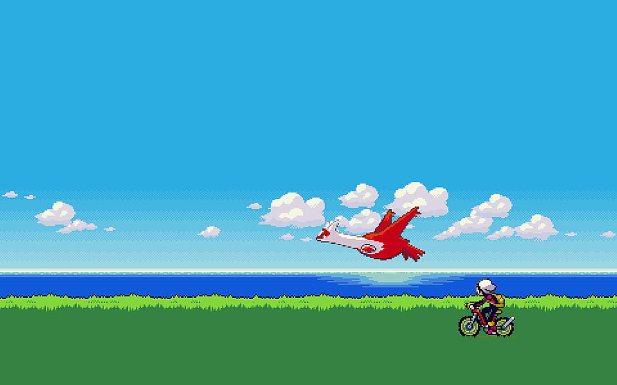 Pixel Art Pokemon Scene With Red Bird Flying Over Grassland and Rider on Motorcycle HD wallpaper