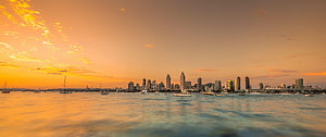 Perth City Skyline at Golden Hour with Yachts on the Water HD wallpaper