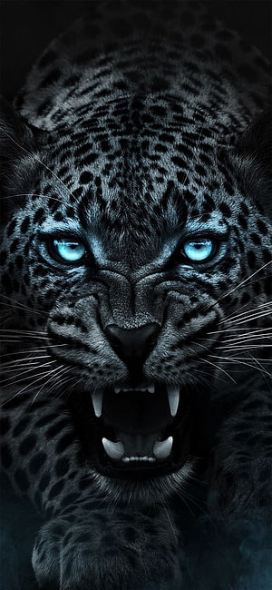 Fierce Black Leopard Portrait With Glowing Blue Eyes And Bared Fangs HD phone wallpaper