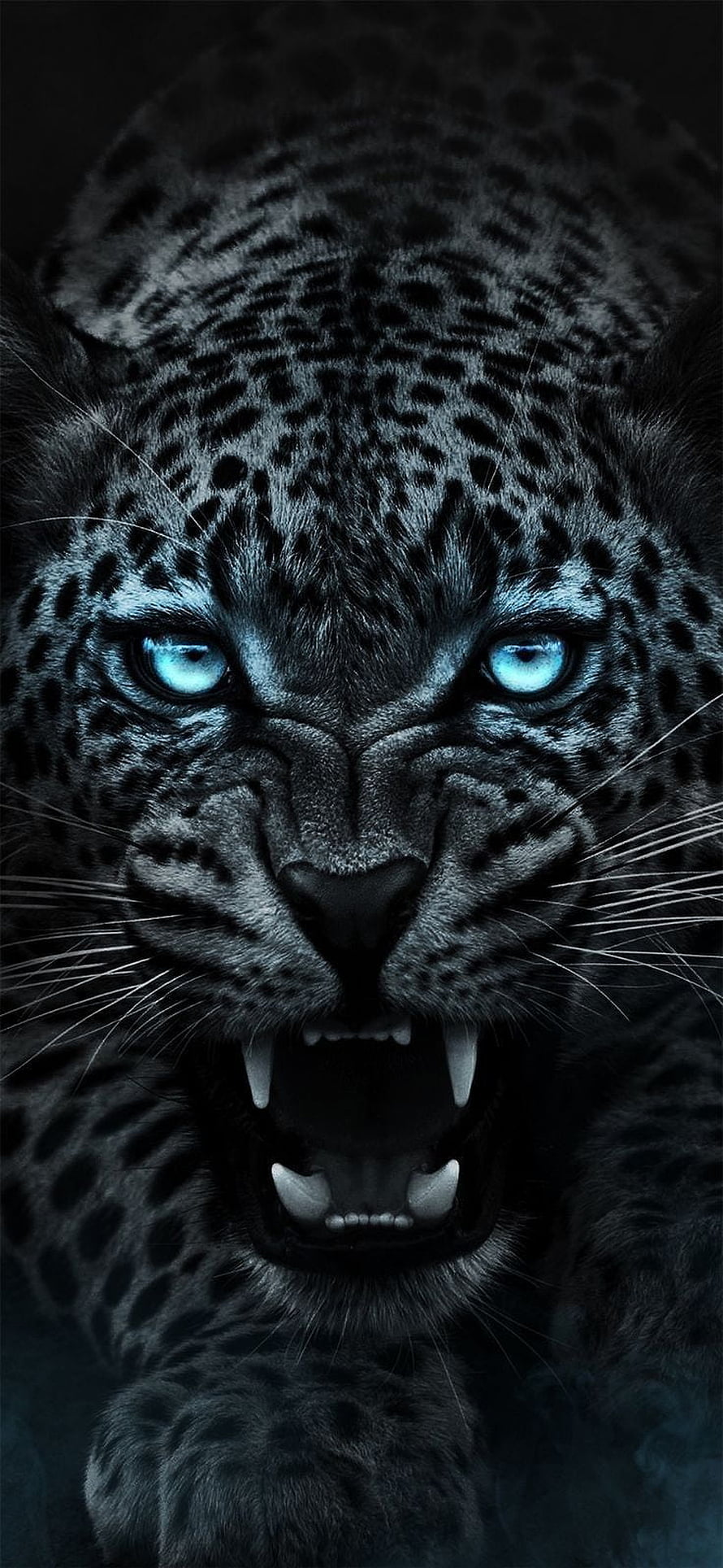 Fierce Black Leopard Portrait With Glowing Blue Eyes And Bared Fangs HD phone wallpaper