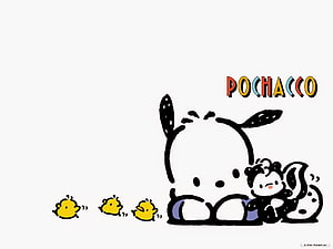 Pochacco and Kiki with Three Yellow Chicks in a Minimalist Sanrio Illustration HD wallpaper