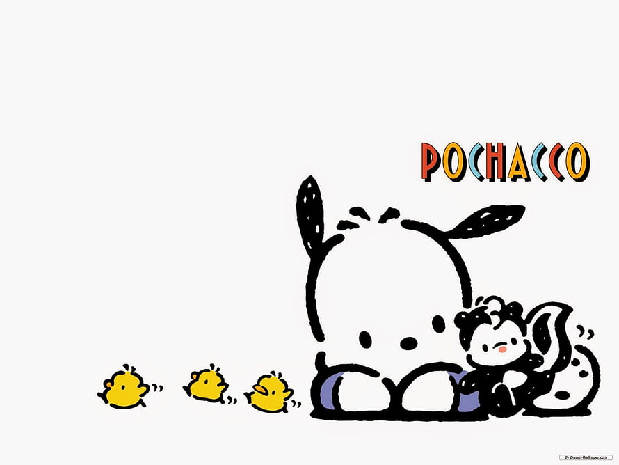 Pochacco and Kiki with Three Yellow Chicks in a Minimalist Sanrio Illustration HD wallpaper