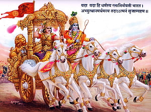 Lord Krishna and Arjuna on the Divine Chariot in the Mahabharata HD wallpaper