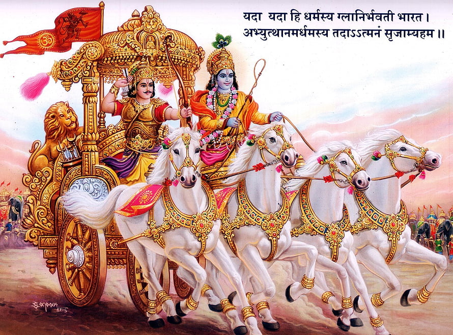 Lord Krishna and Arjuna on the Divine Chariot in the Mahabharata HD wallpaper