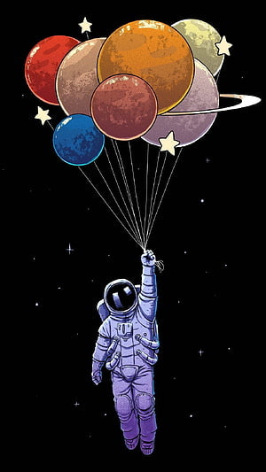 Astronaut Floating in Space Holding a Bunch of Colorful Planet Balloons HD phone wallpaper