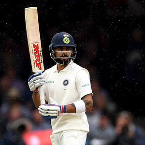 Virat Kohli in India Test Cricket Gear Holding MRF Bat During Rainy Match HD phone wallpaper