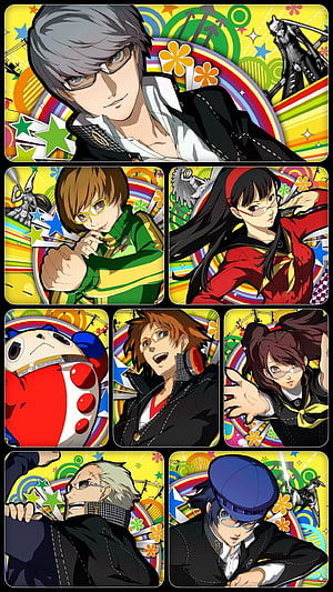 Persona 4 Golden Character Lineup Artwork with Vibrant Retro Pop Background HD phone wallpaper