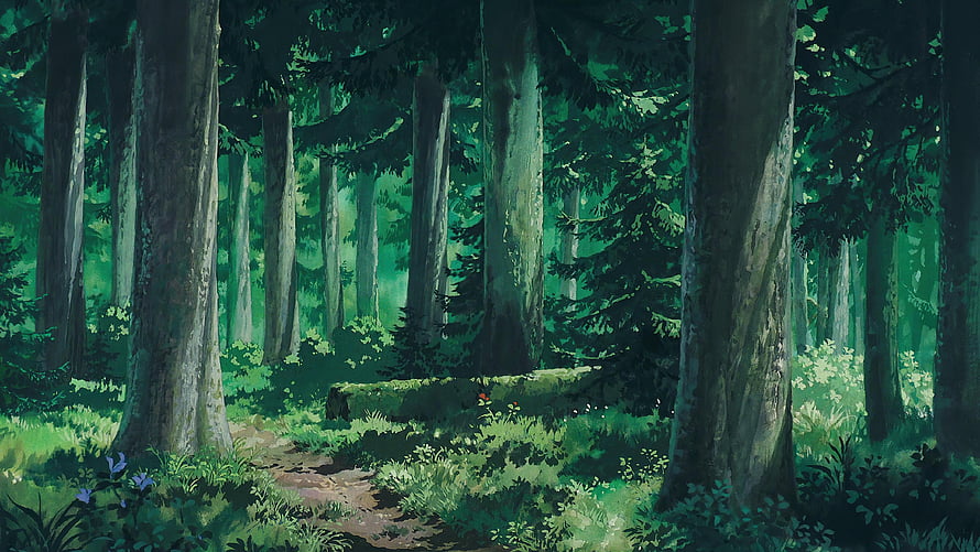 Lush Green Forest Scene with Tall Trees and Sunlit Path in Painterly Style HD wallpaper