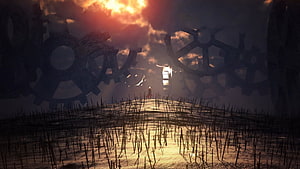 Unlimited Blade Works: A lone figure stands in a field of swords beneath massive mechanical gears at sunset HD wallpaper