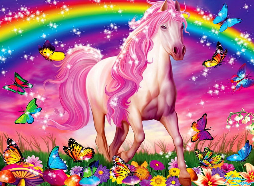 Pink Maned Horse in a Vibrant Fantasy Meadow with Rainbow and Colorful Butterflies HD wallpaper
