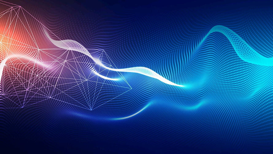 Abstract Digital Wave with Geometric Mesh and Glowing Blue Light Trails HD wallpaper