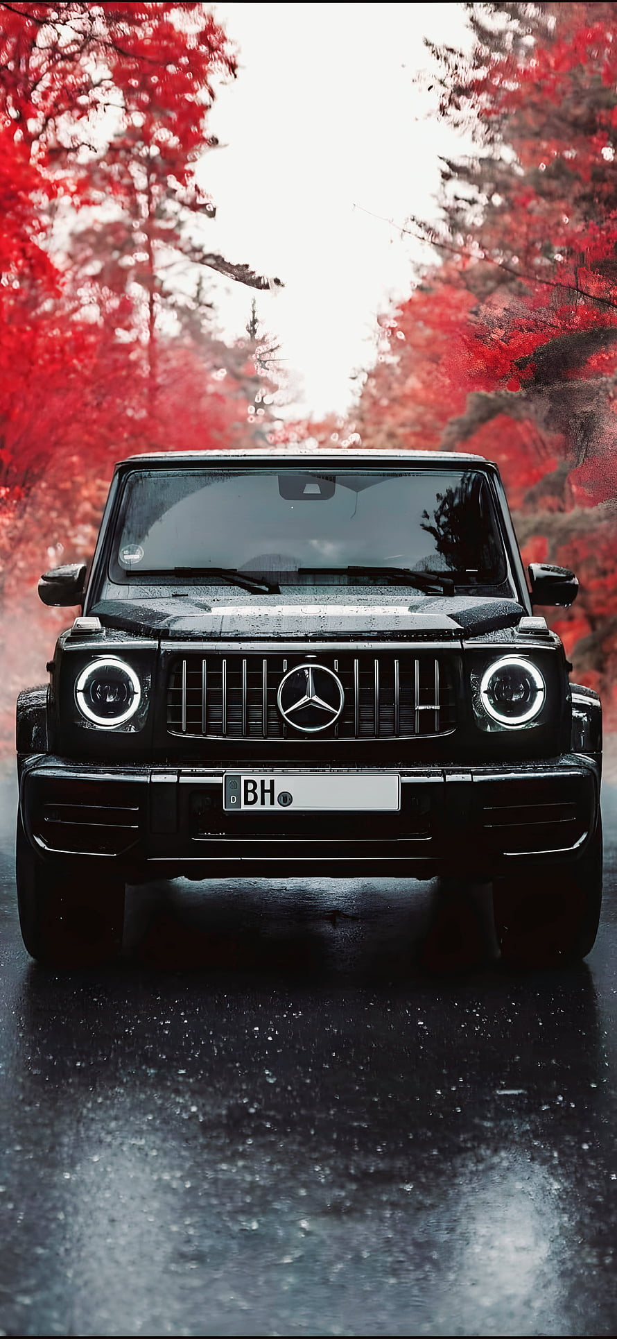 Black Mercedes-Benz G-Class Front View on Wet Road with Red Autumn Foliage HD phone wallpaper