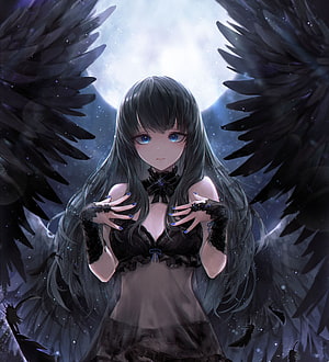 Dark Winged Anime Girl with Black Lace Outfit and Blue Eyes HD phone wallpaper
