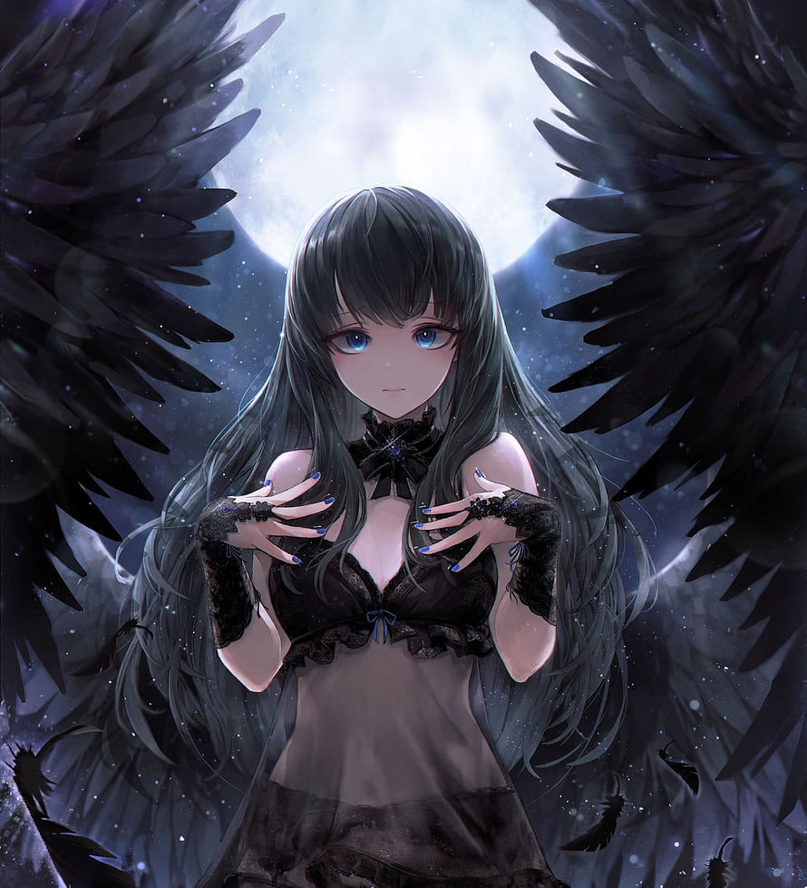 Dark Winged Anime Girl with Black Lace Outfit and Blue Eyes HD phone wallpaper