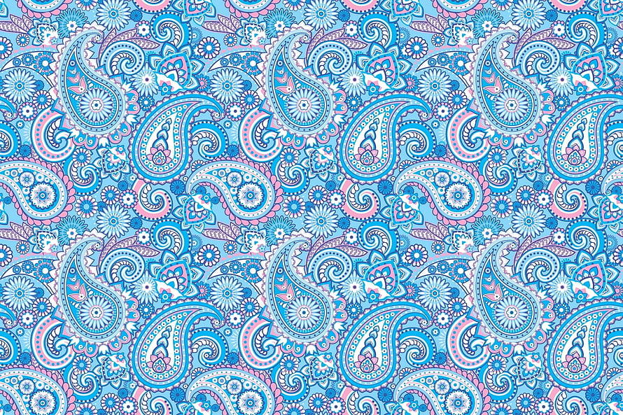Intricate Blue and Pink Paisley Pattern with Floral Motifs and Ornamental Swirls HD wallpaper
