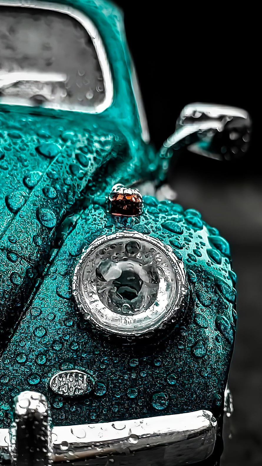 Close-up of a teal Volkswagen Beetle with water droplets on the hood and headlight HD phone wallpaper