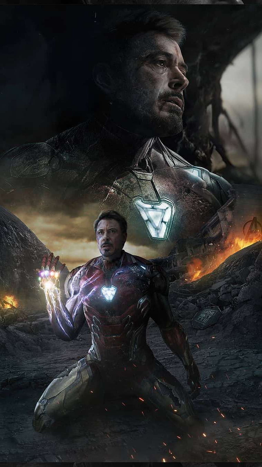 Tony Stark Iron Man Kneeling with Infinity Gauntlet in Dark Battlefield HD phone wallpaper