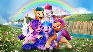 My Little Pony A New Generation Group Huddle In Flower Meadow With Rainbow Sky HD wallpaper